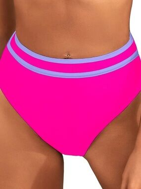 Moshu Hot Pink High-Waist Sporty Swim Bottoms With Purple Contrast Trim, M, NWOT